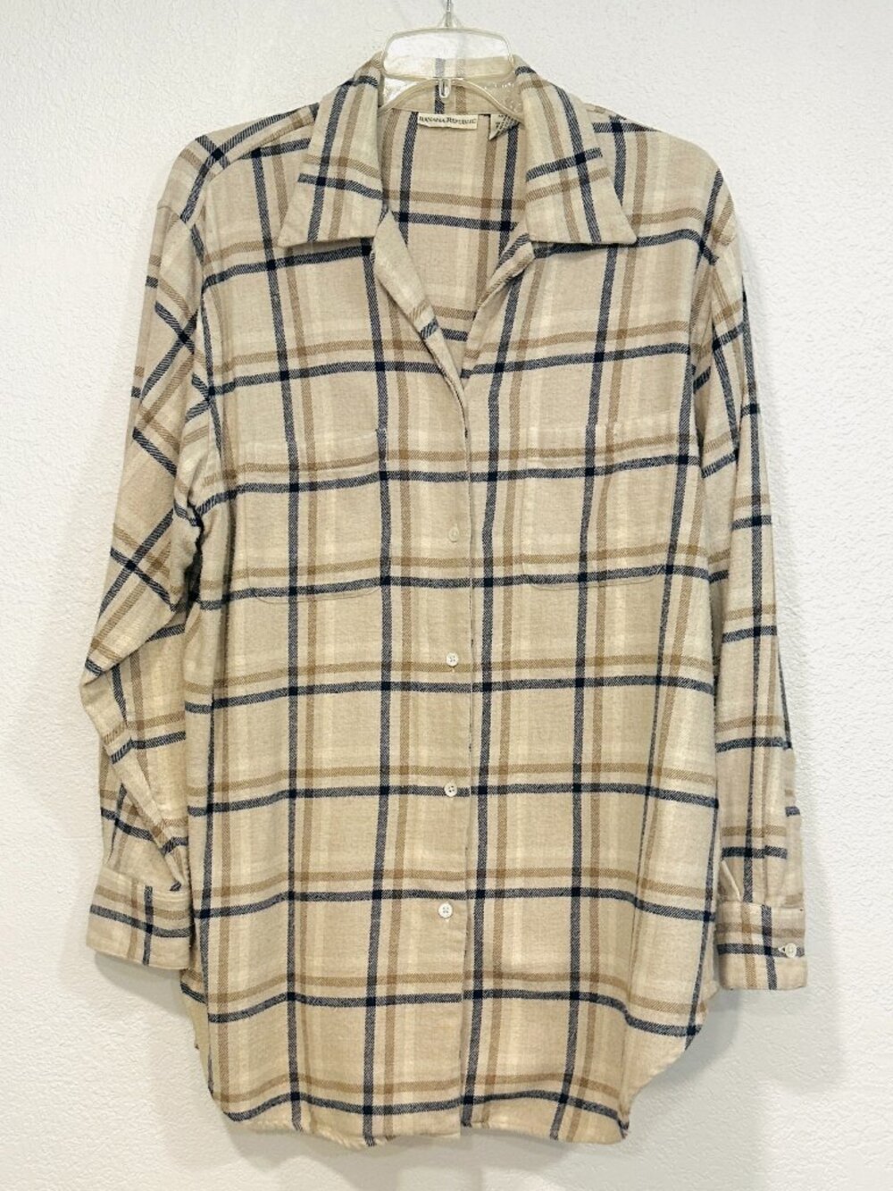 Banana Republic Flannel Shirt Beige Multicolor Plaid Button Up Pockets Mens Med